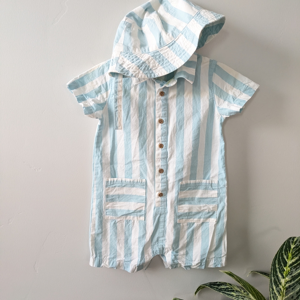 Carter's Blue and White Striped Baby Romper With Matching Hat